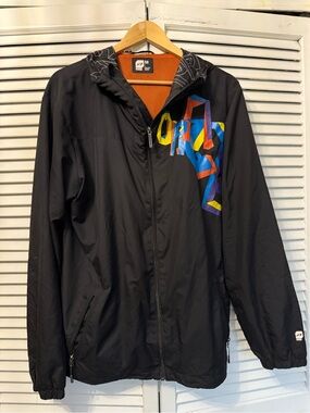 Orage Black Hooded Windbreaker with Multicolor Geometric Accent